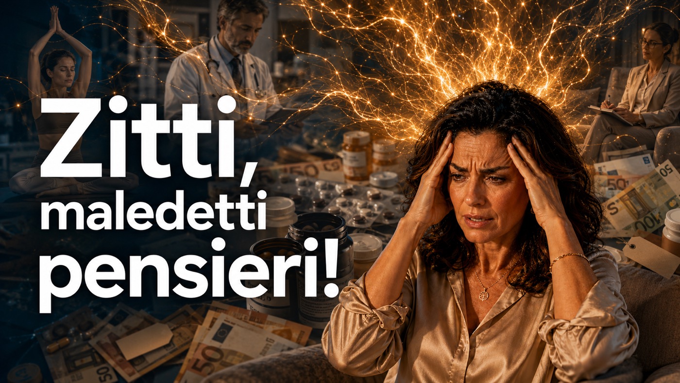 Zitti, maledetti pensieri! Una donna si tiene la testa fra le mani, circondata da integratori, farmaci e conti da pagare.