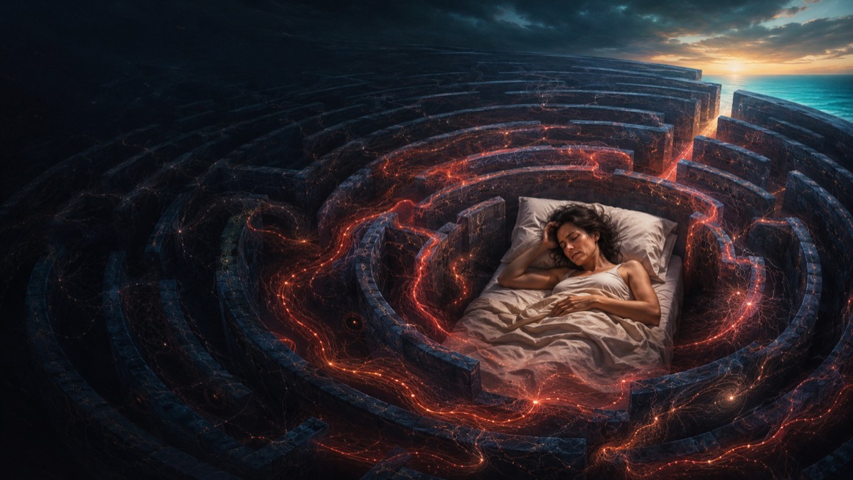 Una donna dorme al centro di un labirinto buio, percorso da linee rosse incandescenti. In fondo, oltre le pareti, si intravede il mare all'alba.