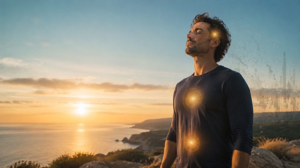 Un uomo in riva al mare al tramonto, occhi chiusi e viso disteso, mentre frammenti digitali si dissolvono dietro di lui.