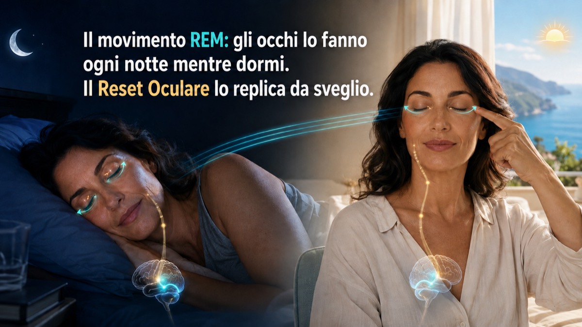 A sinistra una donna dorme di notte, con gli occhi che si muovono sotto le palpebre e il cervello che si illumina. A destra la stessa donna, sveglia di giorno, esegue il Reset Oculare con lo stesso movimento e lo stesso effetto.