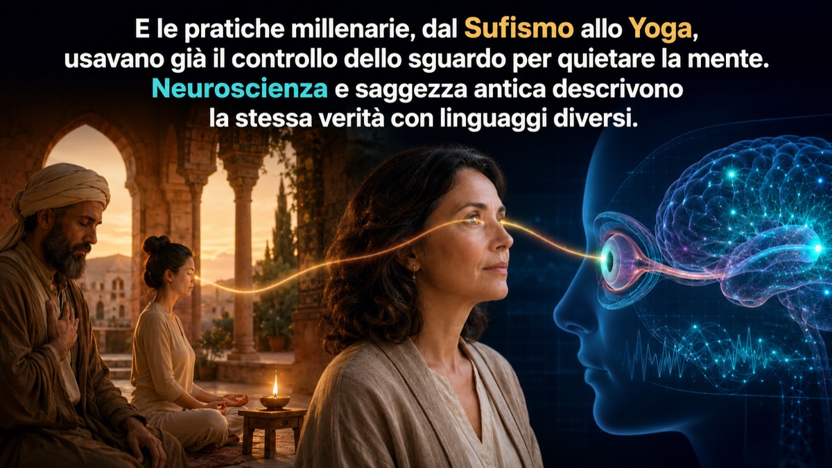 E le pratiche millenarie, dal Sufismo allo Yoga, usavano già il controllo dello sguardo per quietare la mente. Neuroscienza e saggezza antica descrivono la stessa verità con linguaggi diversi.